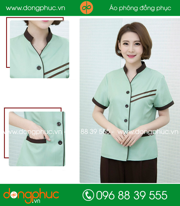 Đồng phục vệ sinh màu xanh nhạt cổ nâu